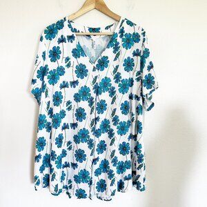 NWT Blue Sky Shirt XL Floral Print Linen Blend Short Sleeve Tunic Top